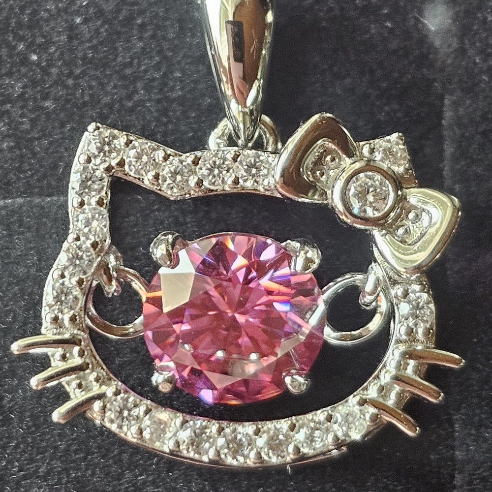Hello Kitty Moissanite 2CT‎ Rare Pink Center Stone Solid Silver,Box Chain NEW